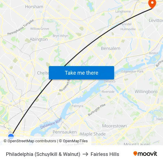 Philadelphia (Schuylkill & Walnut) to Fairless Hills map