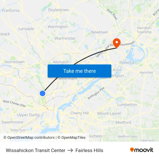 Wissahickon Transit Center to Fairless Hills map
