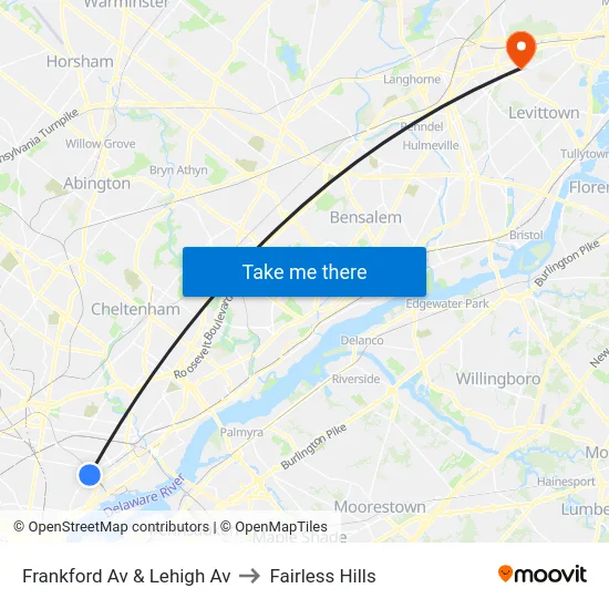 Frankford Av & Lehigh Av to Fairless Hills map