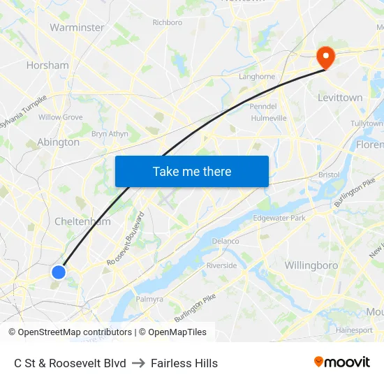 C St & Roosevelt Blvd to Fairless Hills map