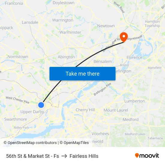 56th St & Market St - Fs to Fairless Hills map