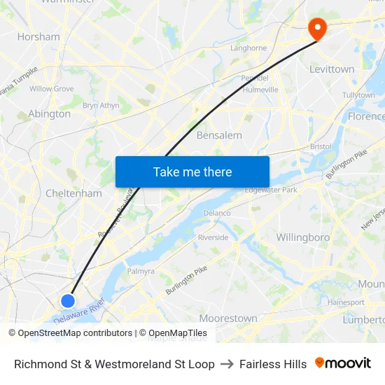 Richmond St & Westmoreland St Loop to Fairless Hills map