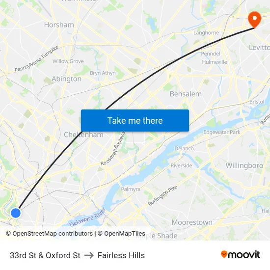 33rd St & Oxford St to Fairless Hills map
