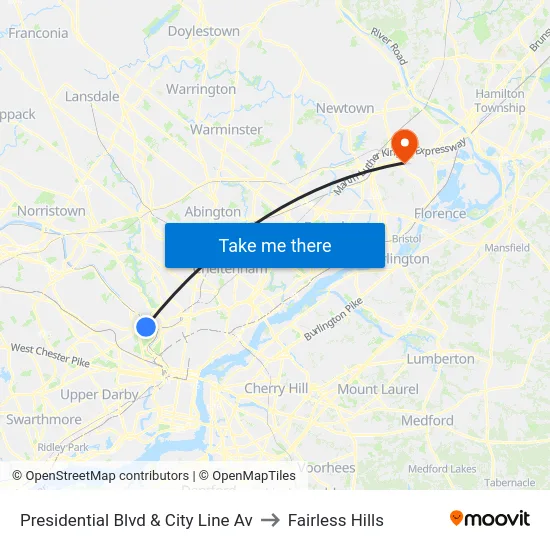 Presidential Blvd & City Line Av to Fairless Hills map