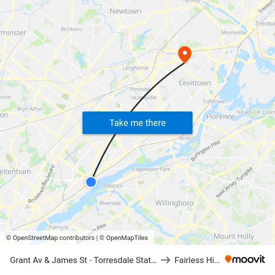 Grant Av & James St - Torresdale Station to Fairless Hills map