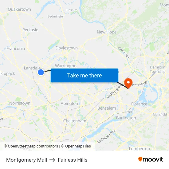 Montgomery Mall to Fairless Hills map