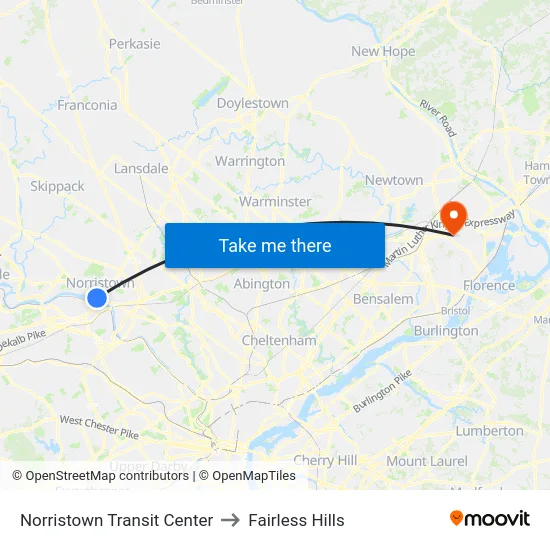 Norristown Transit Center to Fairless Hills map