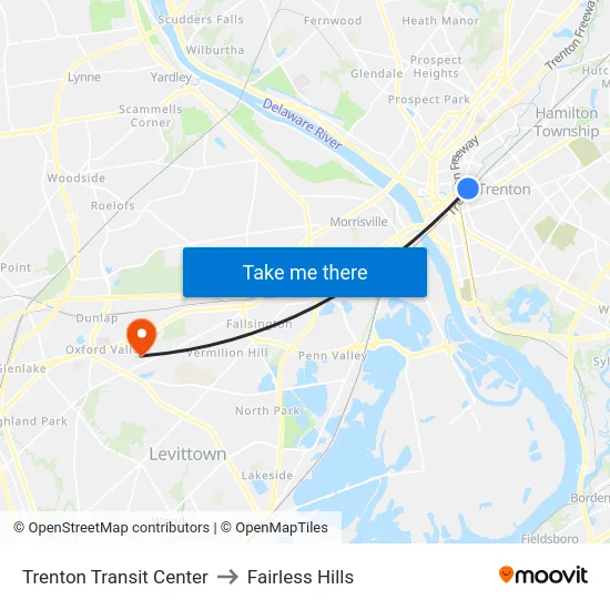 Trenton Transit Center to Fairless Hills map