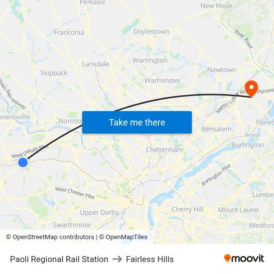 Paoli Regional Rail Station to Fairless Hills map