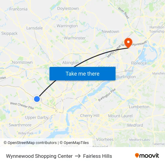 Wynnewood Shopping Center to Fairless Hills map