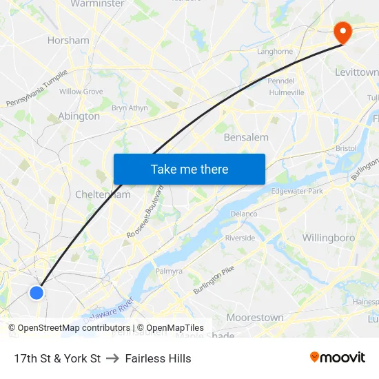 17th St & York St to Fairless Hills map
