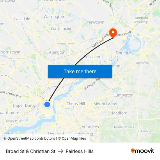 Broad St & Christian St to Fairless Hills map