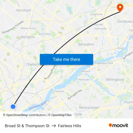 Broad St & Thompson St to Fairless Hills map