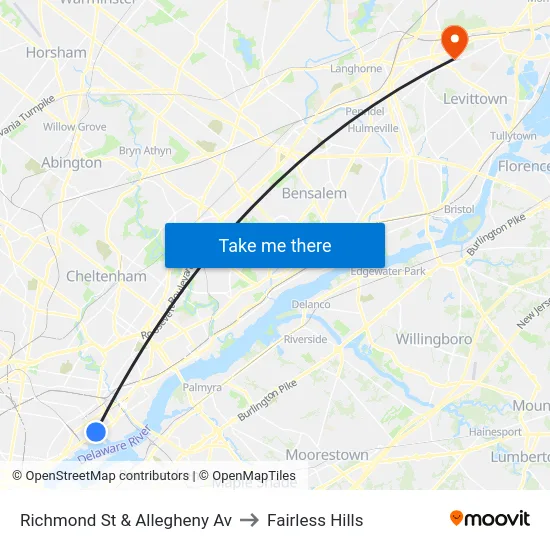 Richmond St & Allegheny Av to Fairless Hills map