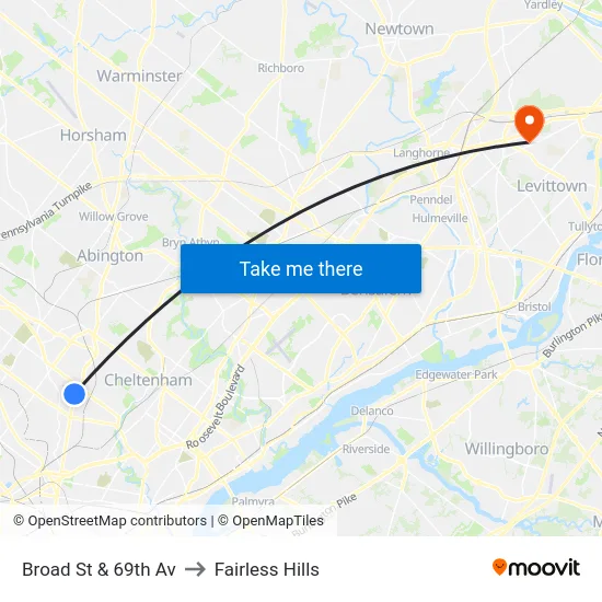 Broad St & 69th Av to Fairless Hills map