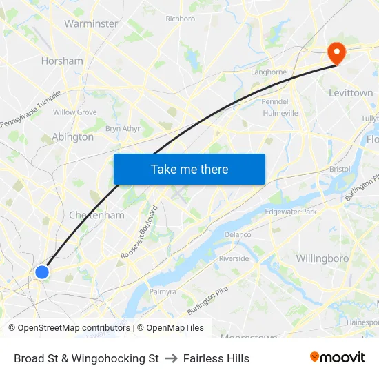 Broad St & Wingohocking St to Fairless Hills map