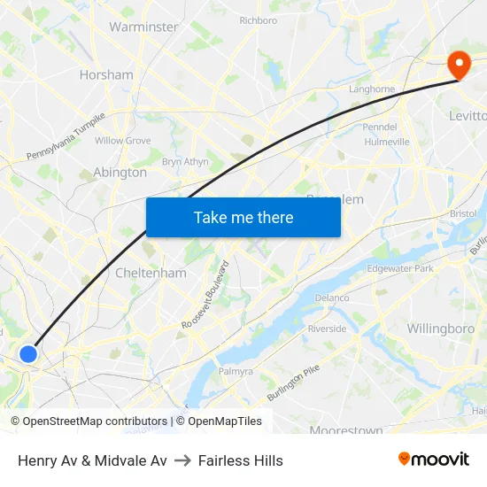 Henry Av & Midvale Av to Fairless Hills map