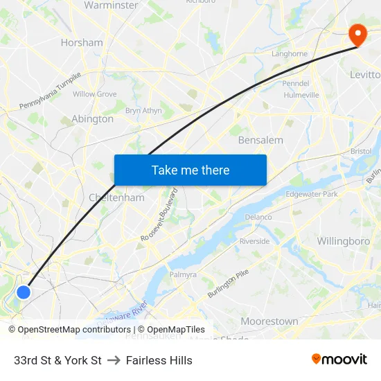 33rd St & York St to Fairless Hills map