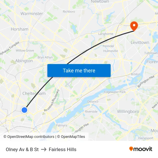 Olney Av & B St to Fairless Hills map