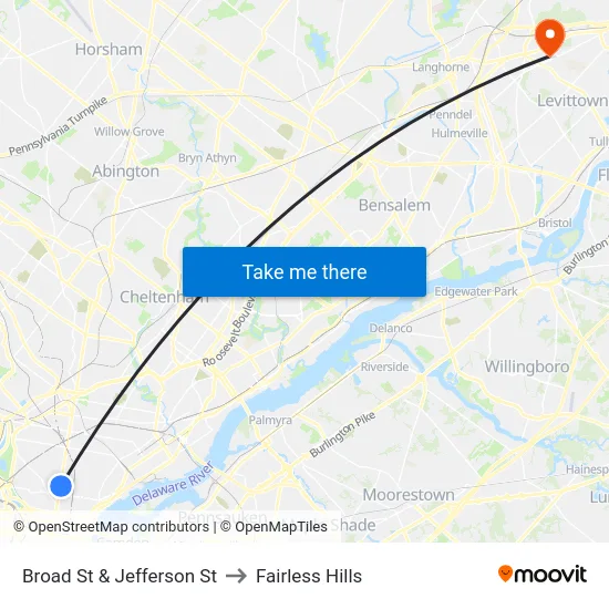 Broad St & Jefferson St to Fairless Hills map