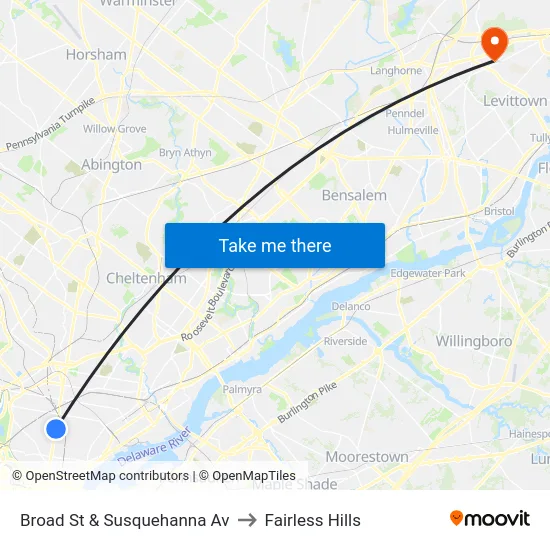 Broad St & Susquehanna Av to Fairless Hills map
