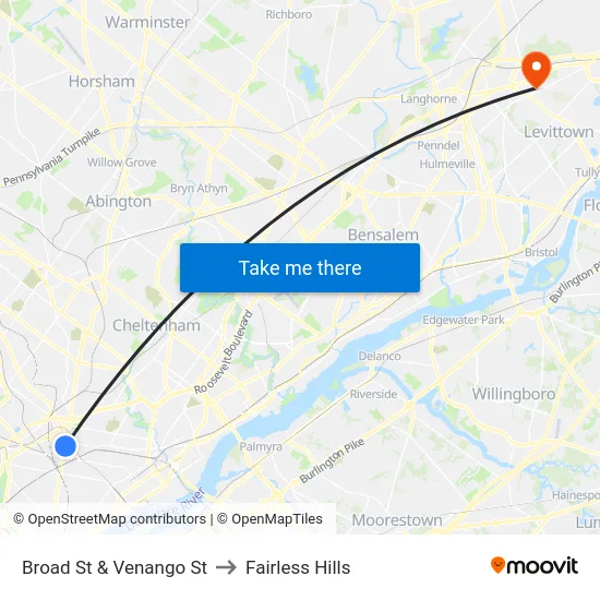 Broad St & Venango St to Fairless Hills map