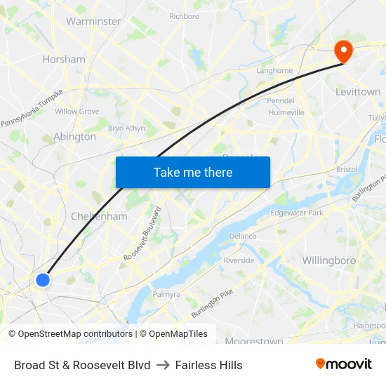 Broad St & Roosevelt Blvd to Fairless Hills map