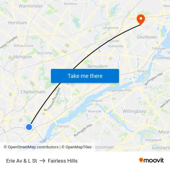 Erie Av & L St to Fairless Hills map