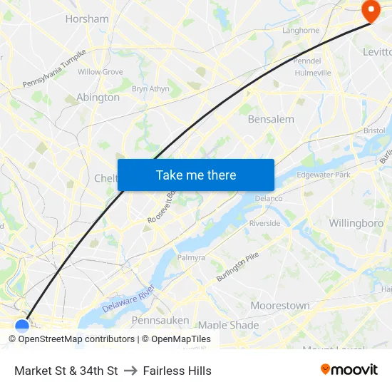 Market St & 34th St to Fairless Hills map