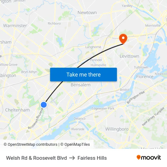 Welsh Rd & Roosevelt Blvd to Fairless Hills map