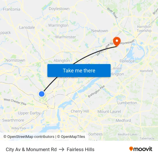 City Av & Monument Rd to Fairless Hills map