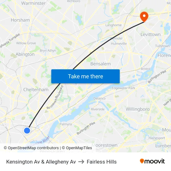 Kensington Av & Allegheny Av to Fairless Hills map