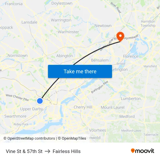 Vine St & 57th St to Fairless Hills map
