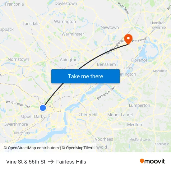 Vine St & 56th St to Fairless Hills map