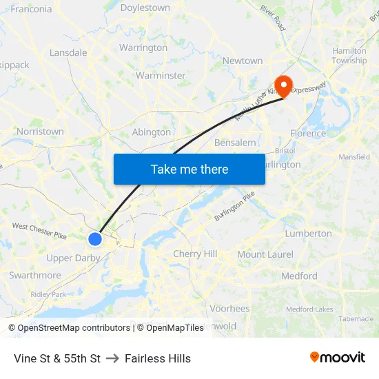 Vine St & 55th St to Fairless Hills map