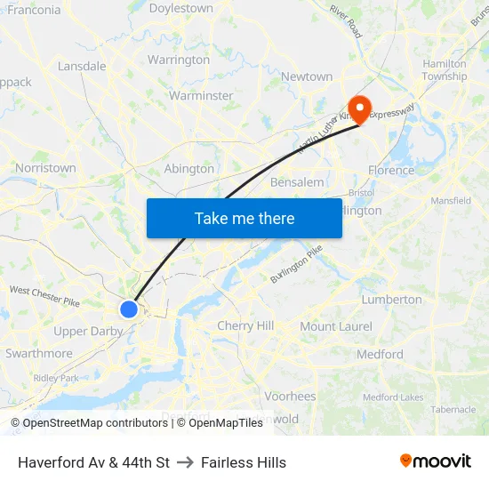 Haverford Av & 44th St to Fairless Hills map