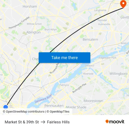 Market St & 39th St to Fairless Hills map