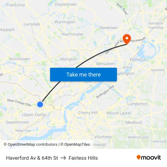 Haverford Av & 64th St to Fairless Hills map