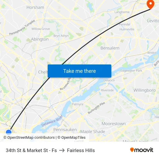 34th St & Market St - Fs to Fairless Hills map