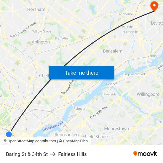 Baring St & 34th St to Fairless Hills map