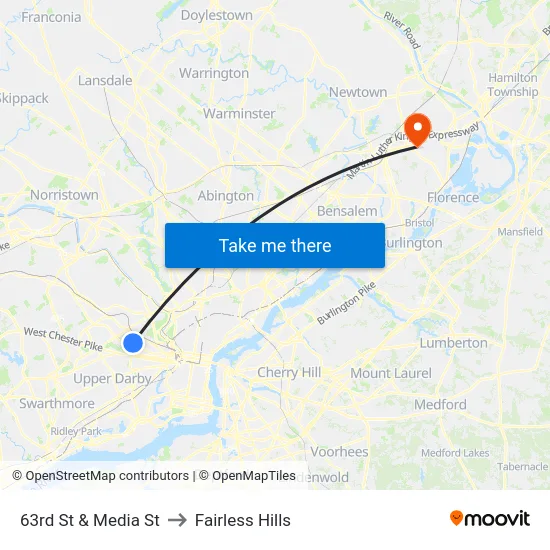 63rd St & Media St to Fairless Hills map