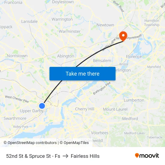 52nd St & Spruce St - Fs to Fairless Hills map