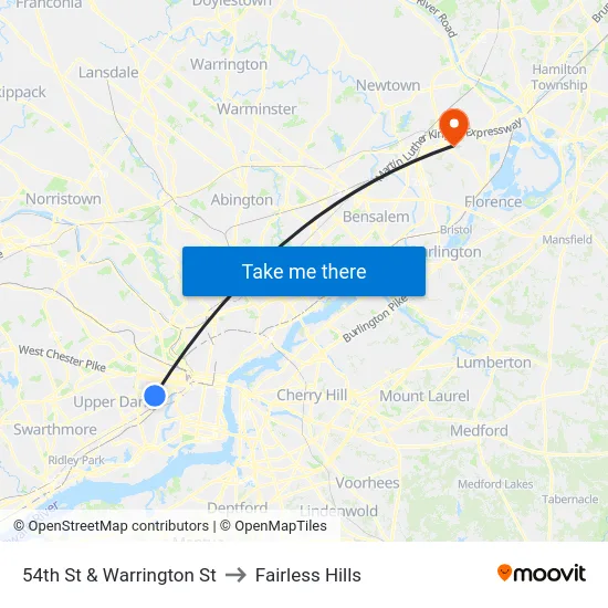 54th St & Warrington St to Fairless Hills map