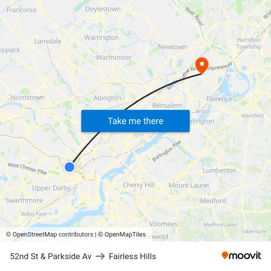 52nd St & Parkside Av to Fairless Hills map