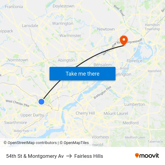 54th St & Montgomery Av to Fairless Hills map