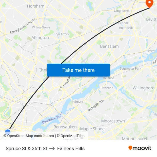 Spruce St & 36th St to Fairless Hills map