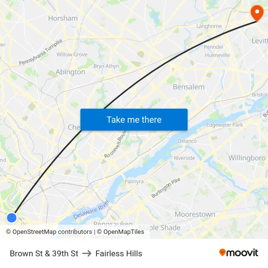 Brown St & 39th St to Fairless Hills map
