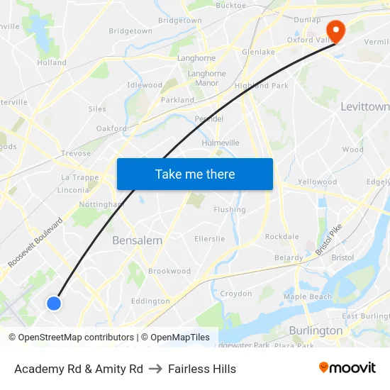 Academy Rd & Amity Rd to Fairless Hills map