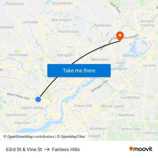 63rd St & Vine St to Fairless Hills map