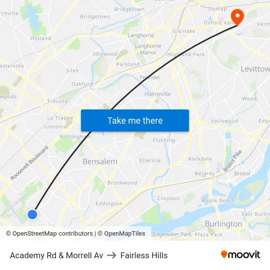 Academy Rd & Morrell Av to Fairless Hills map